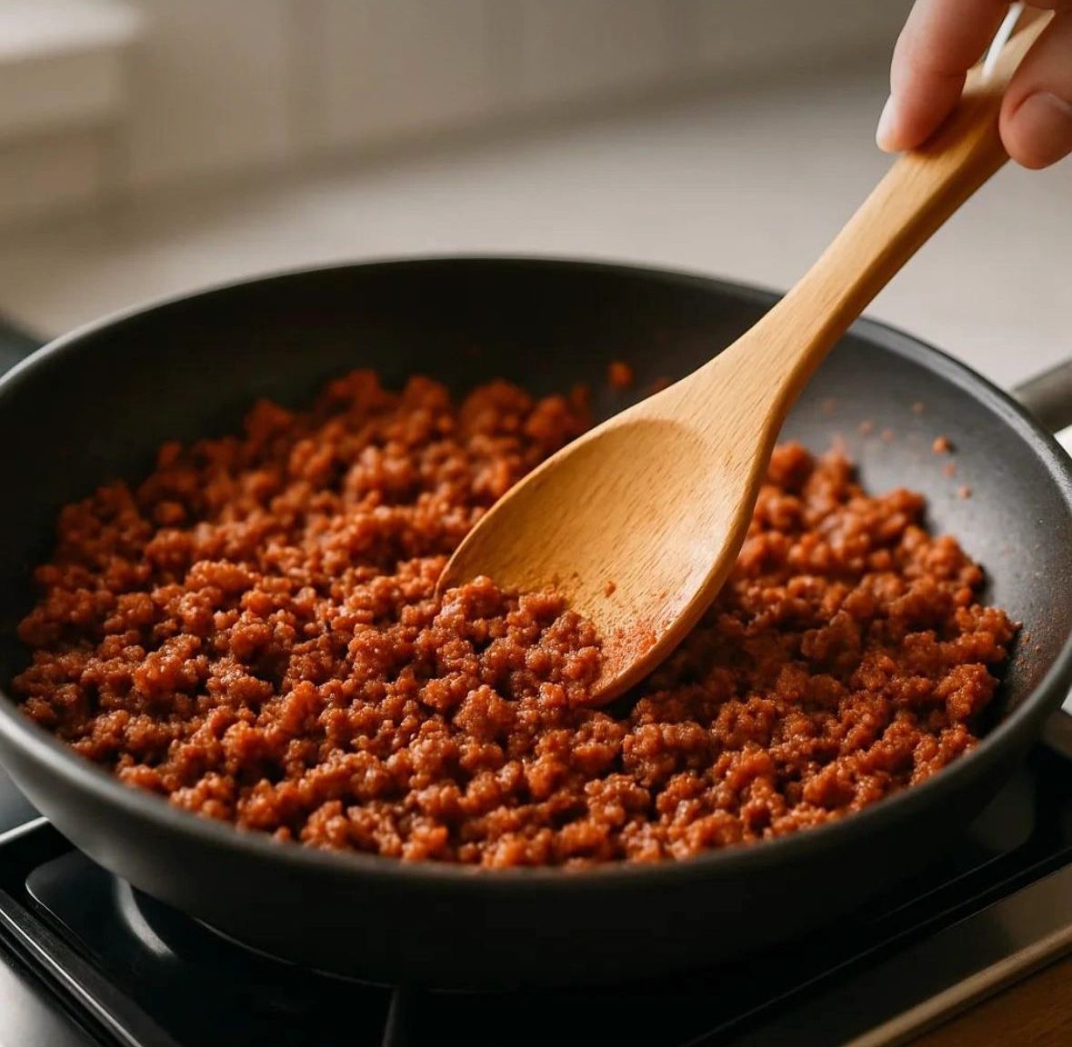 Chorizo browning in a skillet with a wooden spoon