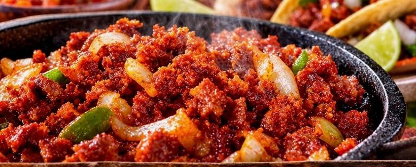 Sizzling chorizo with onions and peppers in a cast iron skillet